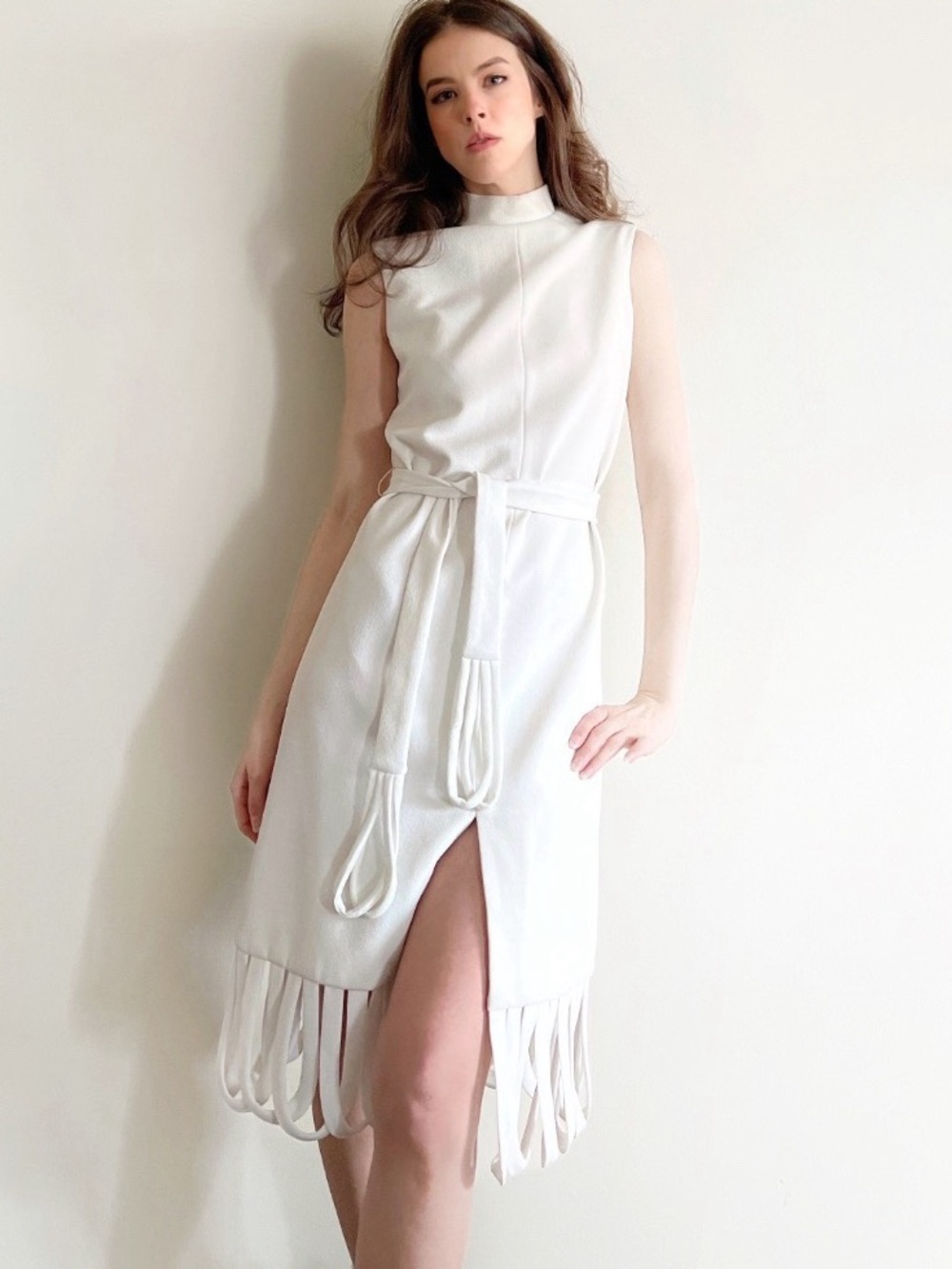 Vintage 60s Designer White Sleeveless Midi Dress with Tie Belt and Fringe